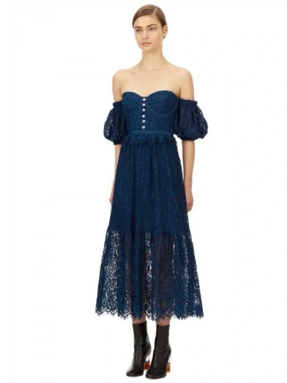 Self-Portrait Navy One-Shoulder Lace Midi Dress